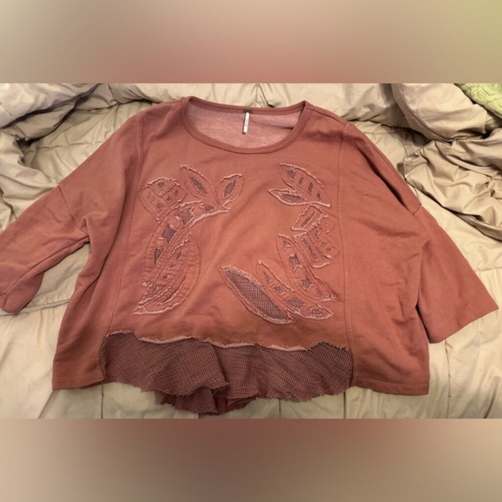 Free People Pink Asymmetrical Crop Blouse with 3/4 Sleeves